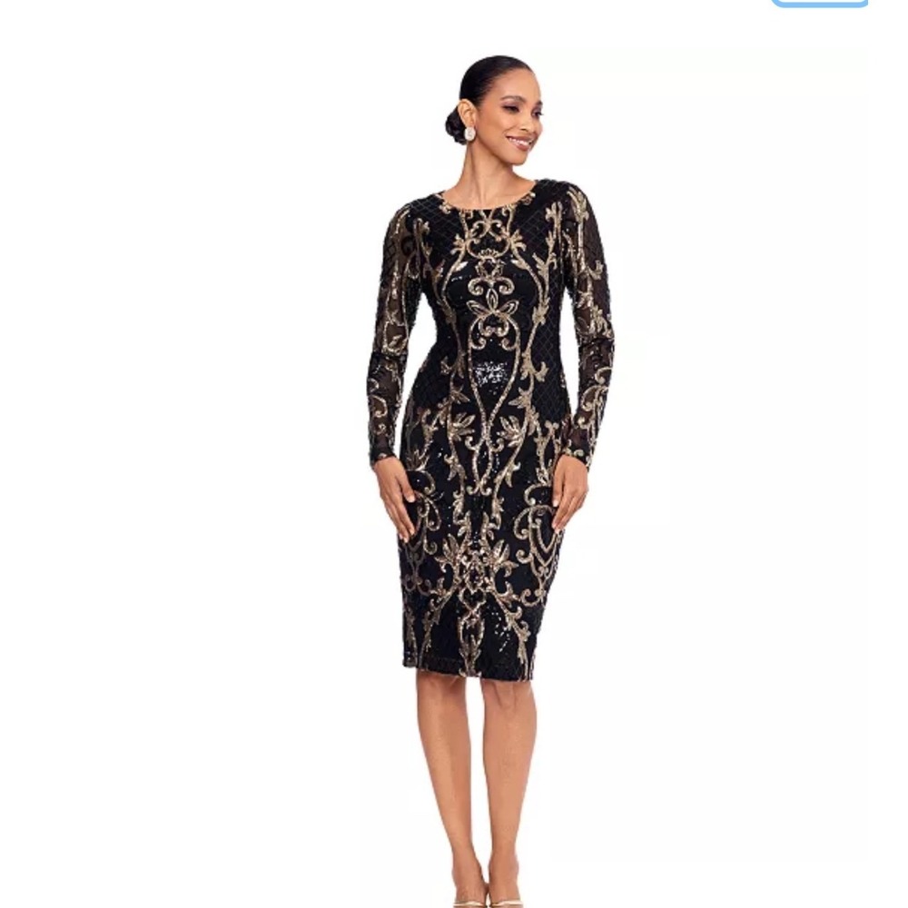 Betsy & Adam Sheath Dress Women 14 NWT Gold Sequin Black Mesh Long Sleeve $179